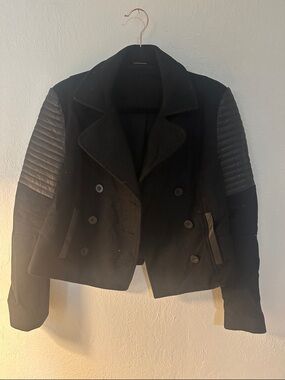 Women's Black Double-Breasted Peacoat Jacket with Quilted Sleeve Detail